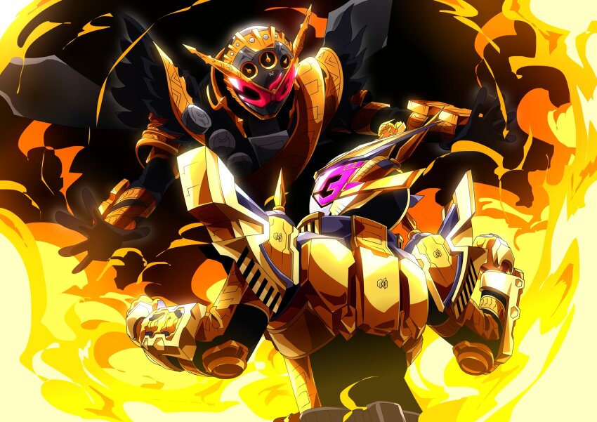 2018 2019 2boys alternate_costume apocalypse arm_up armor aura back-to-back belt black_armor black_footwear black_gloves blue_sky bodysuit boots clenched_hand clock clock_hands commentary_request compound_eyes cowboy_shot dated rider_belt gloves glowing glowing_eyes gold_armor gold_trim grand_zi-o_rider_watch helmet highres horns imminent_fight kamen_rider kamen_rider_555 kamen_rider_agito kamen_rider_agito_(series) kamen_rider_blade kamen_rider_blade_(series) kamen_rider_build kamen_rider_build_(series) kamen_rider_dcd kamen_rider_decade kamen_rider_den-o kamen_rider_den-o_(series) kamen_rider_double kamen_rider_drive kamen_rider_drive_(series) kamen_rider_ex-aid kamen_rider_ex-aid_(series) kamen_rider_faiz kamen_rider_fourze kamen_rider_fourze_(series) kamen_rider_gaim kamen_rider_gaim_(series) kamen_rider_ghost kamen_rider_ghost_(series) kamen_rider_grand_zi-o kamen_rider_hibiki kamen_rider_hibiki_(series) kamen_rider_kabuto kamen_rider_kabuto_(series) kamen_rider_kiva kamen_rider_kiva_(series) kamen_rider_kuuga kamen_rider_kuuga_(series) kamen_rider_ooo kamen_rider_ooo_(series) kamen_rider_ryuki kamen_rider_ryuki_(series) kamen_rider_w kamen_rider_wizard kamen_rider_wizard_(series) kamen_rider_zi-o kamen_rider_zi-o_(series) kamen_rider_zi-o_ouma kamen_rider_zi-o_the_movie:over_quartzer kuuga_riderwatch loincloth long_coat male_focus metal multiple_boys official_alternate_costume open_hand otokamu ouma_zi-o ouma_zi-o_rider_watch pink_eyes powering_up red_eyes rider_belt rider_watch saikyo_zikan_girade shoulder_armor single_horn sky spotlight standing summoning sword throne time_paradox time_travel tokusatsu trait_connection type_tridoron vest waistcoat weapon ziku_driver
