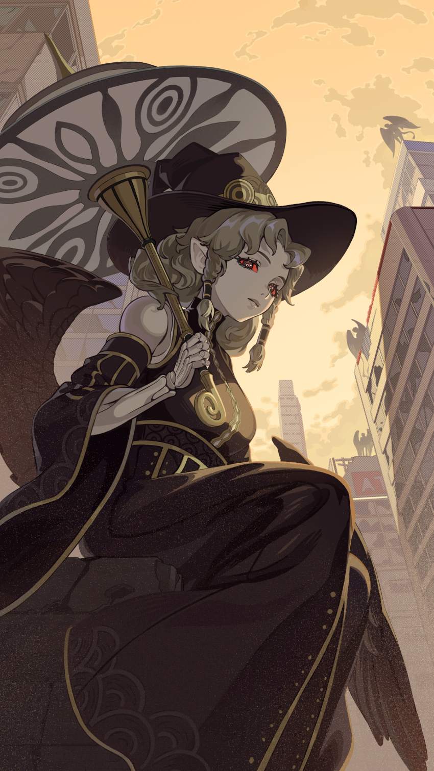 1girl absurdres agrat_bat_mahlat_(megami_tensei) black_dress black_eyes black_hat black_wings bone closed_mouth colored_sclera colored_skin commentary_request demon_girl detached_sleeves dress eyelashes favilia from_below grey_hair hat highres holding holding_umbrella joints long_dress looking_at_viewer pointy_ears red_sclera shin_megami_tensei shin_megami_tensei_v shin_megami_tensei_v:_vengeance sky solo umbrella wings witch_hat yellow_sky