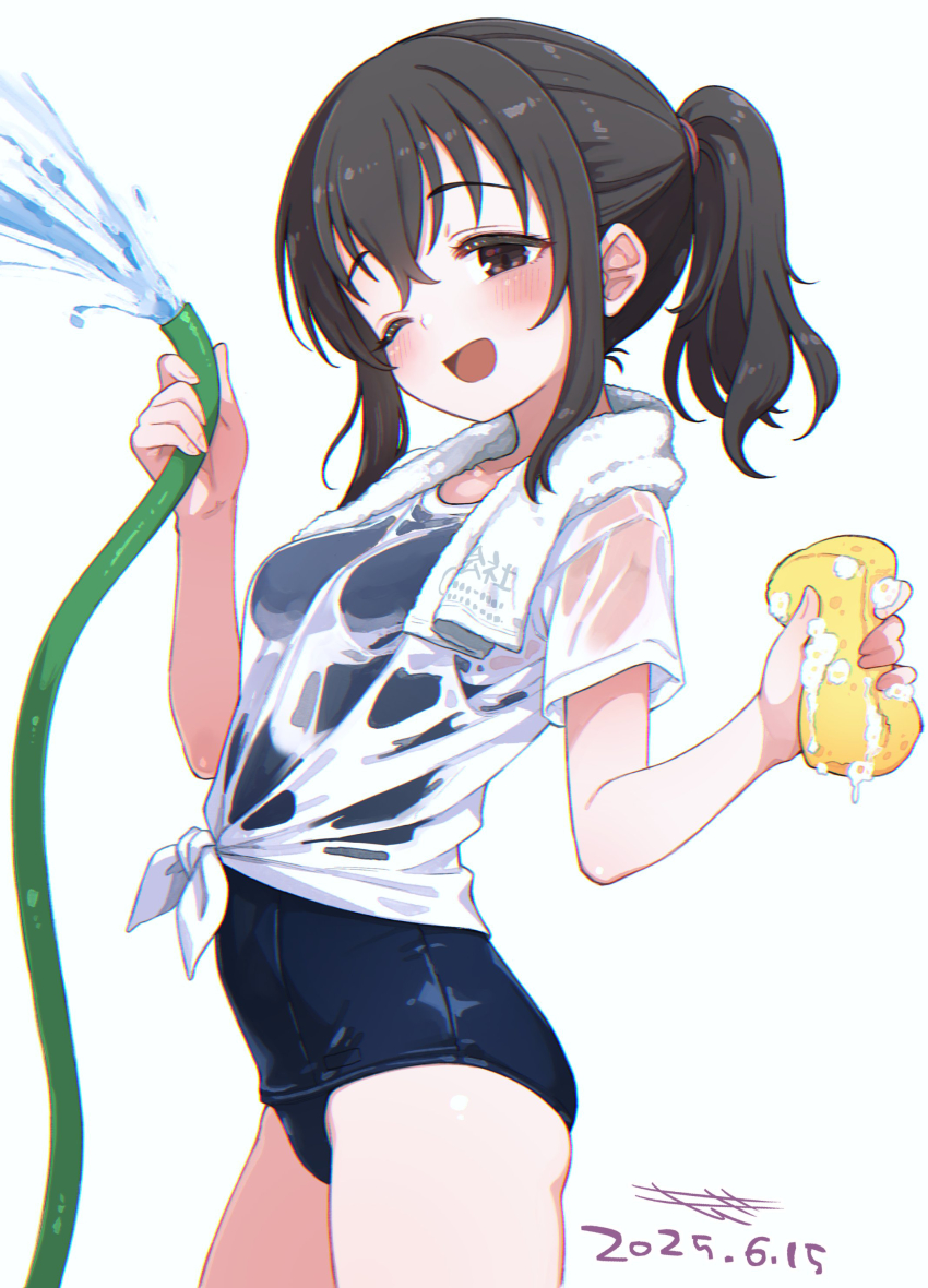 1girl absurdres black_eyes black_hair breasts commentary_request dated fujiwara_hajime highres holding hose idolmaster idolmaster_cinderella_girls komodj one-piece_swimsuit one_eye_closed ponytail school_swimsuit shirt short_sleeves signature simple_background small_breasts smile solo sponge swimsuit swimsuit_under_clothes tied_shirt wet wet_clothes wet_shirt white_background