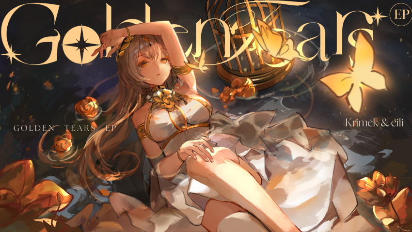 1girl absurdres arm_up armpits bare_shoulders birdcage breasts bug butterfly cage commentary double-parted_bangs dress english_commentary feet_out_of_frame floating_on_back flower grey_hair highres insect large_breasts long_hair lying on_back original parted_lips redcxca ripples sideboob sleeveless sleeveless_dress solo song_name turtleneck turtleneck_dress very_long_hair white_dress yellow_butterfly yellow_eyes yellow_flower