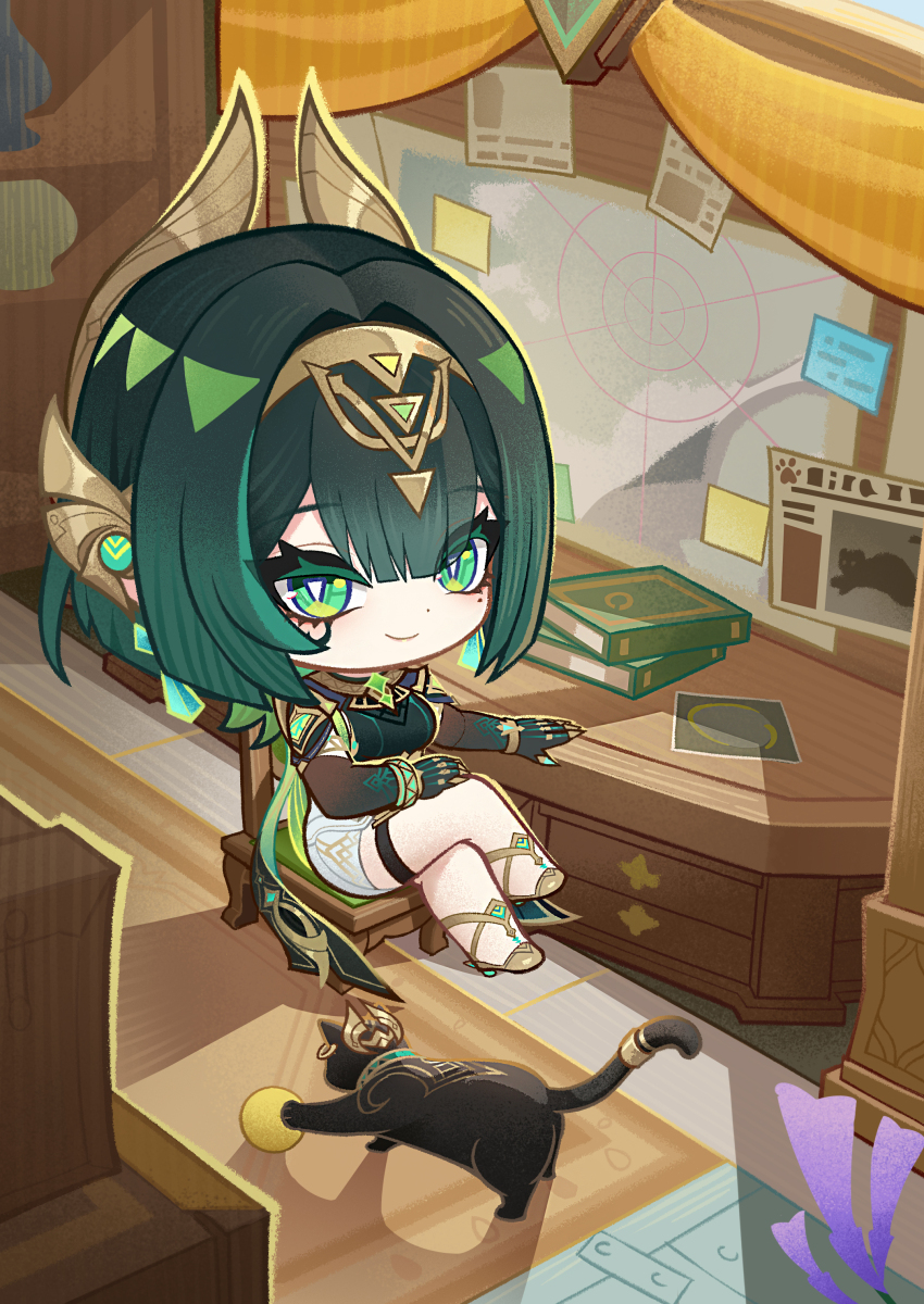 1girl absurdres ashru_(genshin_impact) blunt_bangs book breasts cat chair chibi closed_mouth commentary crossed_legs dot_nose english_commentary genshin_impact gloves green_eyes green_hair hair_intakes hair_ornament highres indoors light_smile looking_at_viewer medium_breasts mole mole_under_eye nefer_(genshin_impact) official_art on_chair shoes sitting symbol-shaped_pupils thigh_strap triangle-shaped_pupils usekh_collar