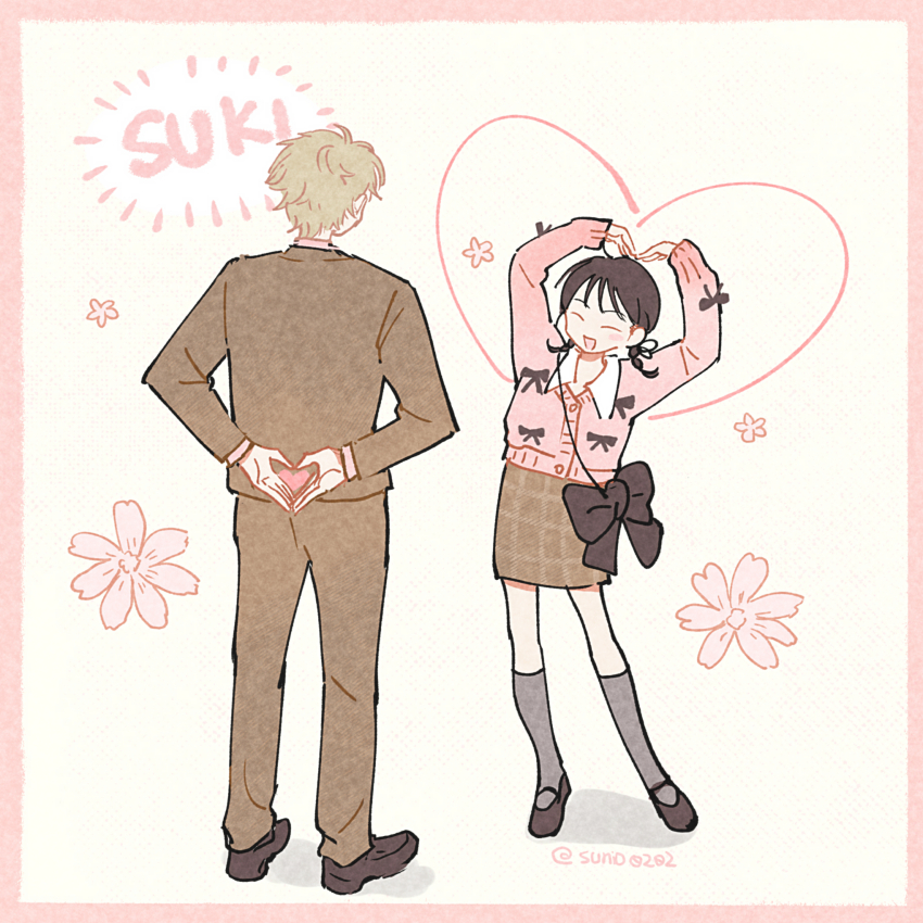 1boy 1girl arms_up bag black_hair blonde_hair blush border bow brown_suit cardigan closed_eyes couple flower formal_clothes heart heart_arms heart_hands hetero highres iwakura_mitsumi kneehighs mary_janes pink_border pink_cardigan plaid_clothes plaid_skirt romaji_text shima_sousuke shoes short_hair short_twintails shoulder_bag simple_background skip_to_loafer skirt smile socks suit sunio0202 twintails twitter_username yellow_background
