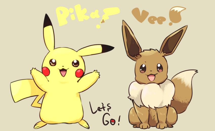 :d all_fours arms_up blush_stickers brown_eyes copyright_name creature eevee english_text full_body gen_1_pokemon happy mizuto_(o96ap) nintendo no_humans open_mouth pikachu pokemon pokemon_(creature) pokemon_lgpe simple_background smile standing