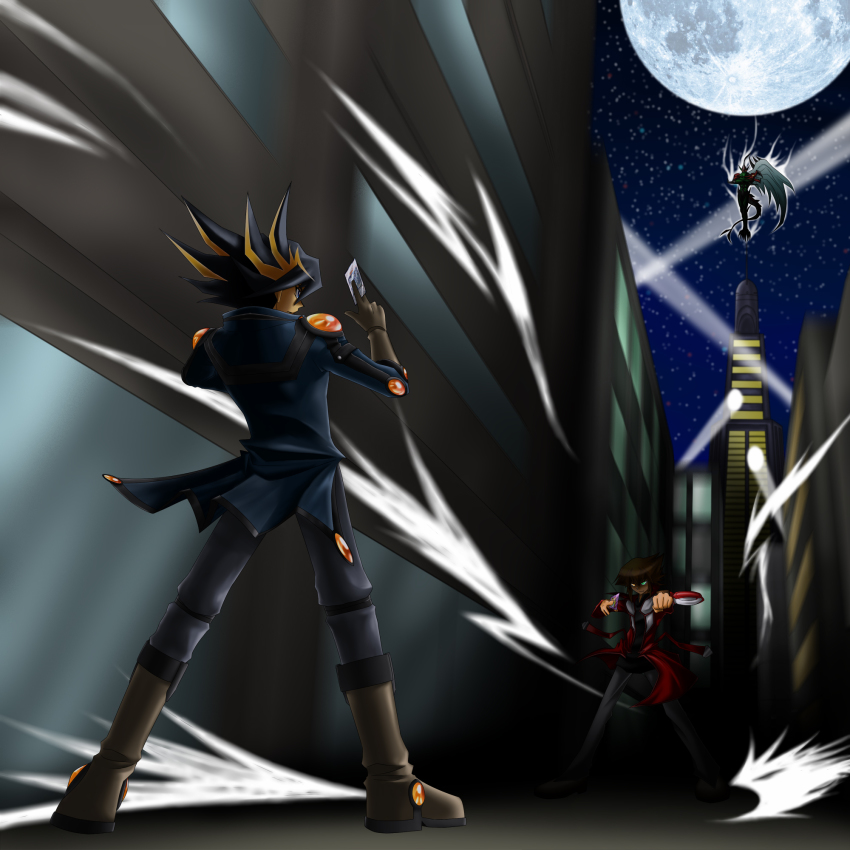 2boys akira_(tete-akira) blonde_hair card duel_disk duel_monster elbow_gloves elemental_hero_flame_wingman fudo_yusei gloves glowing highres holding holding_card male_focus monster moon multicolored_hair multiple_boys school_uniform searchlight short_hair sky star_(sky) star_(symbol) stardust_dragon starry_sky yu-gi-oh! yu-gi-oh!_5d&#039;s yu-gi-oh!_gx yu-gi-oh_(card) yuki_judai