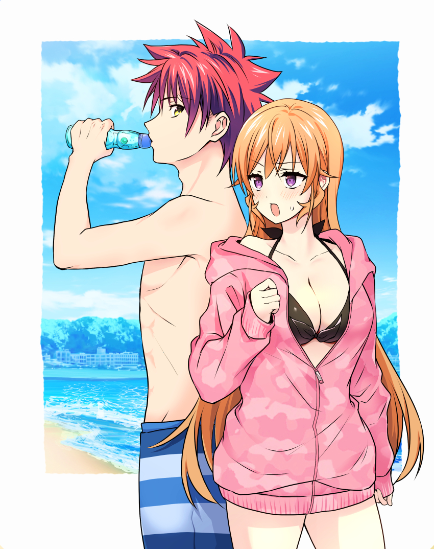 1boy 1girl :d absurdres beach bikini black_bikini blonde_hair blush bottle breasts cleavage collarbone commentary_request cowboy_shot day drinking highres holding holding_bottle jacket large_breasts long_hair nakiri_erina open_mouth outdoors pink_jacket purple_eyes red_hair shokugeki_no_souma short_hair sleeves_past_wrists smile striped_male_swimwear sweatdrop swimsuit topless_male toy-black yukihira_souma
