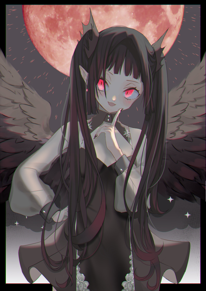 1girl angel_wings black_dress black_hair black_nails black_wings blunt_bangs blush demon_girl dress earrings hair_ornament hand_on_own_cheek hand_on_own_face highres jewelry long_hair looking_to_the_side moon open_mouth original pointy_ears purimo_(xxxmofmof) red_eyes red_moon see-through_clothes see-through_sleeves slit_pupils star_(symbol) twintails very_long_hair white_sleeves wings