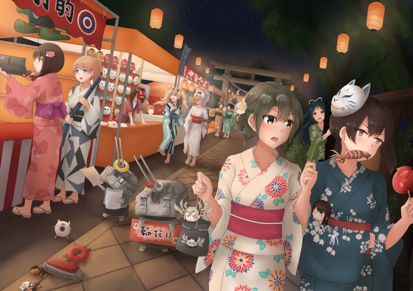 6+girls abyssal_crane_princess alternate_hairstyle aquila_(kancolle) bag blonde_hair brown_hair checkered_pattern chou-10cm-hou-chan chou-10cm-hou-chan_(akizuki&#039;s) chou-10cm-hou-chan_(hatsuzuki&#039;s) chou-10cm-hou-chan_(teruzuki&#039;s) dutch_angle eating enemy_lifebuoy_(kancolle) festival floral_print gambier_bay_(kancolle) grey_hair gun hiding highres hiryuu_(kancolle) intrepid_(kancolle) japanese_clothes k_jie kaga_(kancolle) kantai_collection katsuragi_(kancolle) kimono lantern long_hair mask mask_on_head multiple_girls ponytail print_kimono rifle ryuujou_(kancolle) short_hair shoukaku_(kancolle) side_ponytail souryuu_(kancolle) squid striped taihou_(kancolle) torii twintails weapon white_hair yukata zuikaku_(kancolle)
