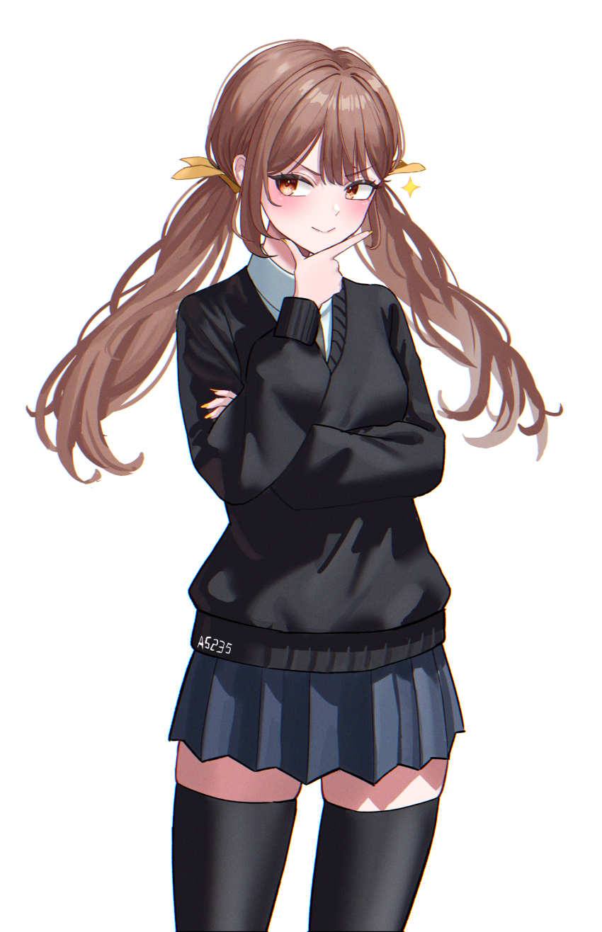 a5235 absurdres black_skirt black_sweater black_thighhighs brown_hair highres long_sleeves school_uniform skirt smile sweater thighhighs twintails victory_(waktaverse) virtual_youtuber waktaverse yellow_eyes