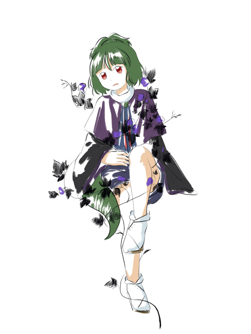 1other absurdres adagumo_no_saragimaru androgynous baila_kuangzi black_sleeves blue_shirt blue_shorts capelet chinese_commentary commentary_request flower green_hair highres invisible_chair len&#039;en long_sleeves nightshade_(flower) open_mouth other_focus purple_capelet purple_trim red_eyes shirt short_hair shorts simple_background sitting sketch snake_tail socks solo split_ponytail tail white_background white_socks wide_sleeves