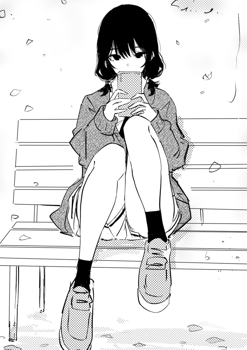 1girl bench cardigan cellphone collared_shirt expressionless halftone hands_up highres holding holding_phone kajino_(aosansai) long_sleeves looking_at_viewer low_twintails miniskirt on_bench outdoors phone pleated_skirt school_uniform shirt shoes simple_background sitting skirt smartphone socks solo tamura_yuri twintails uwabaki watashi_ga_motenai_no_wa_dou_kangaetemo_omaera_ga_warui! white_background wooden_bench
