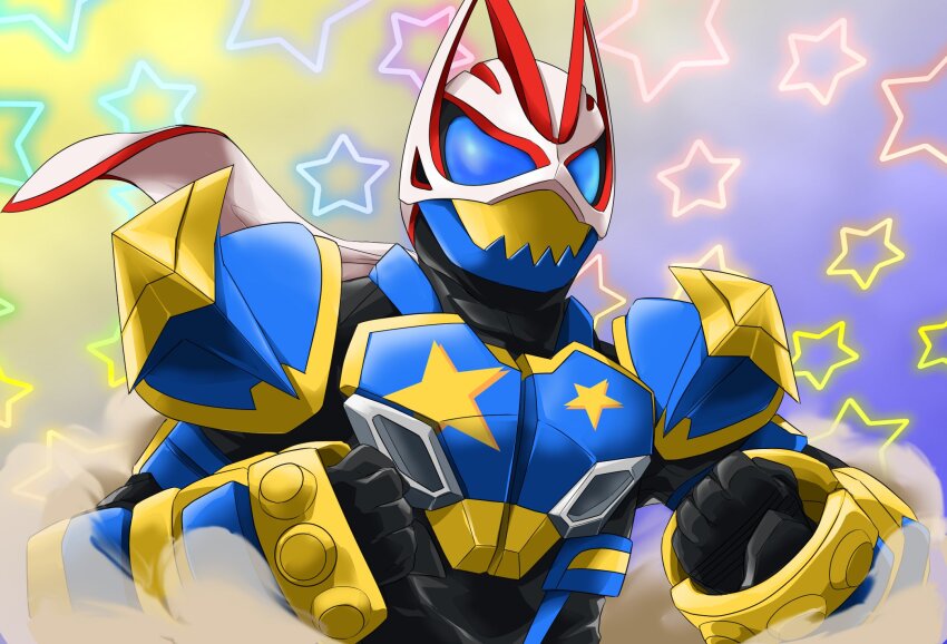 1boy armor black_bodysuit blue_armor blue_background blue_eyes bodysuit boxing_gloves brass_knuckles clenched_hands desire_driver finishing_move fox highres kamen_rider kamen_rider_geats kamen_rider_geats_(series) male_focus miyabi_(037) monster_buckle parody raise_buckle shadow simple_background solo star_(sky) star_(symbol) starry_background tokusatsu weapon yellow_background