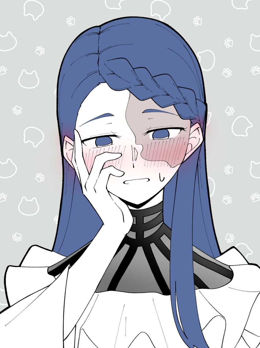 1girl ado_(utaite) blue_eyes blue_hair blush braid braided_bangs commentary_request gira-gira-chan_(ado) gira_gira grey_background hand_on_own_cheek hand_on_own_face highres long_hair looking_at_viewer nori_(norinori_yrl) solo upper_body