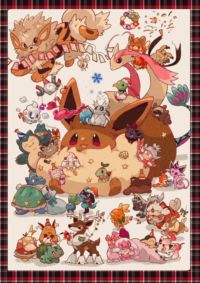 absurdres alcremie alcremie_(vanilla_cream) arcanine bag bidoof blastoise brown_eyes bulbasaur candy candy_cane christmas christmas_ornaments clodsire comfey creatures_(company) cutiefly cyndaquil eevee espeon fangs food galarian_form galarian_meowth game_freak gen_1_pokemon gen_2_pokemon gen_3_pokemon gen_4_pokemon gen_5_pokemon gen_7_pokemon gen_8_pokemon gift gigantamax gigantamax_eevee hat highres hisuian_growlithe hisuian_zorua holding iron_thorns joltik milotic mimikyu munchlax natu nintendo no_humans oddish open_mouth party_hat pawmi pikachu pokemon pokemon_(creature) poochyena psyduck raichu riolu rock santa_hat sawsbuck sawsbuck_(winter) slowpoke smile snorlax snowflakes sweater tatsugiri tatsugiri_(curly) tinkaton tongue tongue_out torchic turtwig vanillite yamper zorua zozozoshion