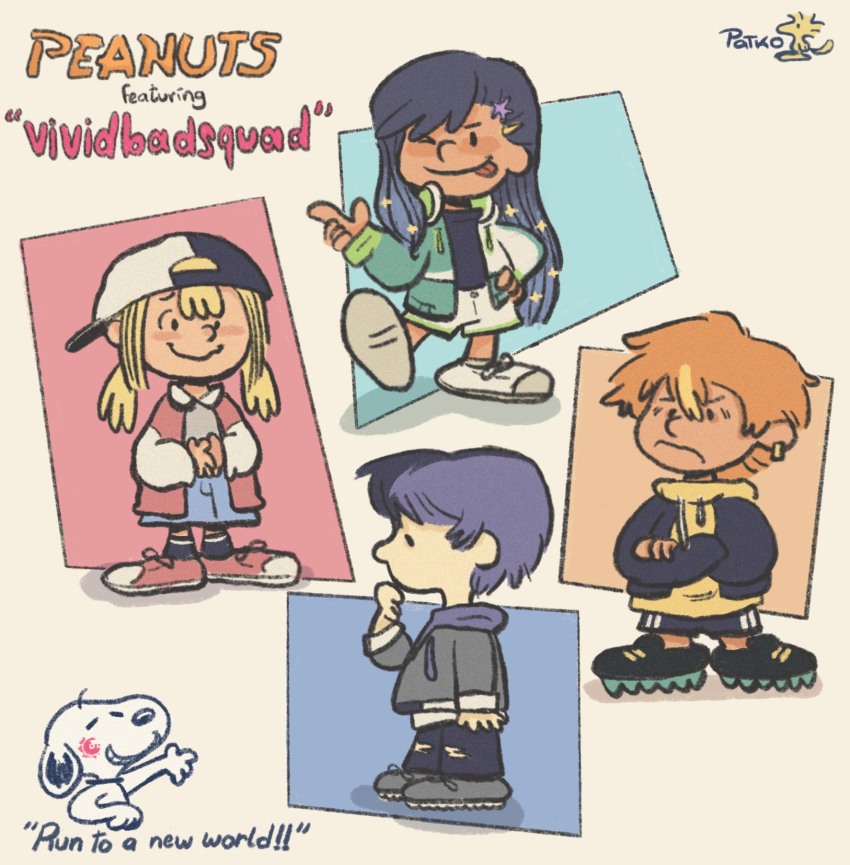 2boys 2girls aoyagi_touya azusawa_kohane black_shoes blonde_hair blue_hair blush copyright_name english_text grey_shoes hair_ornament hairclip highres long_hair multicolored_hair multiple_boys multiple_girls one_eye_closed orange_hair parody patk_o0 peanuts_(comic) pink_shoes profile project_sekai shinonome_akito shiraishi_an shoes short_hair smile snoopy streaked_hair style_parody tongue tongue_out twintails two-tone_hair vivid_bad_squad_(project_sekai) white_shoes woodstock