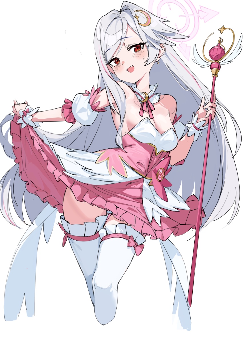 1girl :d absurdres blue_archive blush breasts bustier cleavage commentary crescent crescent_hair_ornament cropped_legs detached_sleeves dress fake_wings fang hair_between_eyes hair_ornament halo head_wings highres holding holding_wand long_hair looking_at_viewer mr.zhuo no_bra open_mouth panties panty_peek pink_dress pink_halo pink_skirt red_eyes single_hair_intake single_head_wing skirt skirt_hold small_breasts smile solo suzumi_(blue_archive) suzumi_(magical)_(blue_archive) symbol-only_commentary thighhighs underwear very_long_hair wand white_hair white_panties white_thighhighs wings zettai_ryouiki