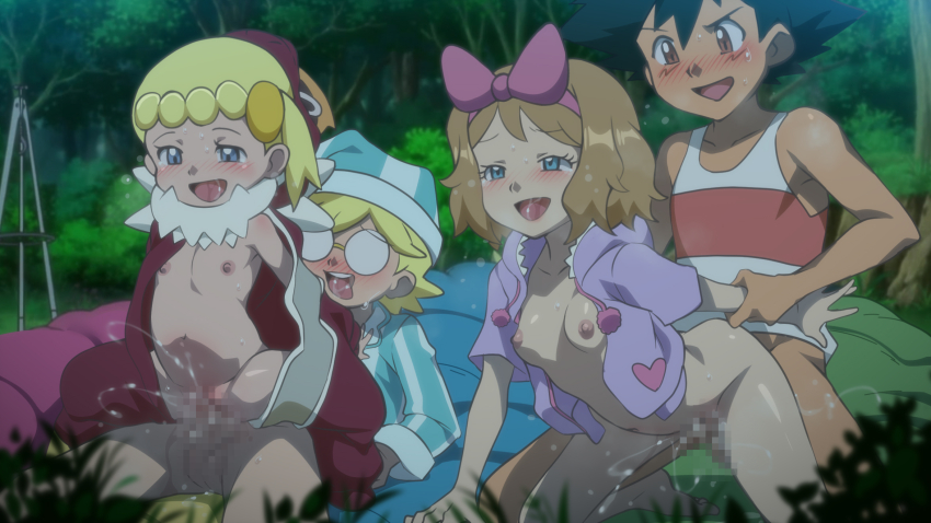 2boys 2girls ash_ketchum blonde_hair blush bonnie_(pokemon) breasts brother_and_sister censored clemont_(pokemon) commentary doggystyle english_commentary flat_chest girl_on_top glasses group_sex hetero highres incest jcm2 kodomo_doushi loli mosaic_censoring multiple_boys multiple_girls nintendo nipples open_mouth outdoors paid_reward_available pokemon pokemon_(anime) pokemon_xy_(anime) reverse_cowgirl_position serena_(pokemon) sex sex_from_behind shota siblings small_breasts straddling tongue vaginal