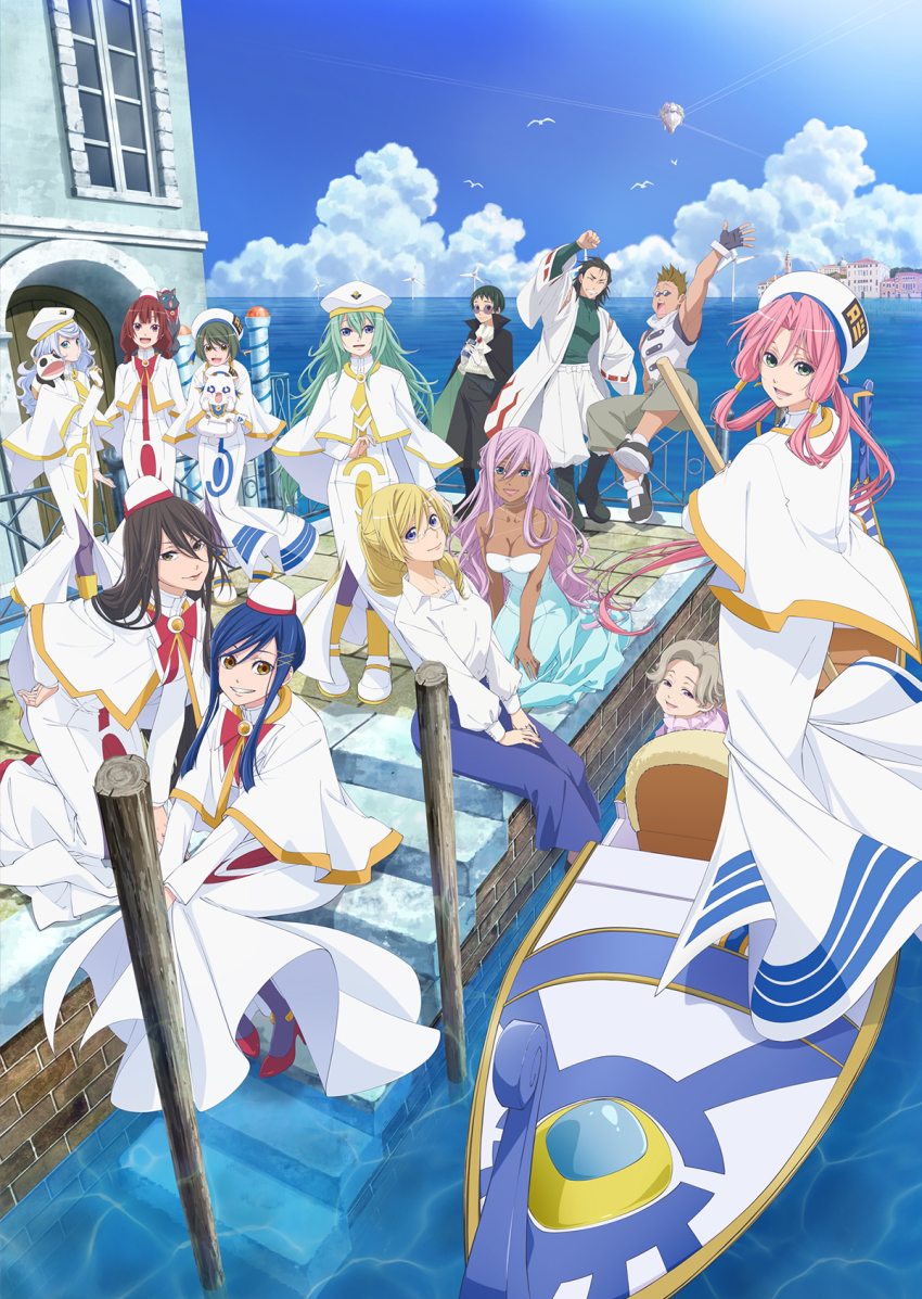 3boys 6+girls aika_granzchesta aino_ai akira_ferrari albert_pitt alice_carroll alicia_florence ametsuchi_akino animal anya_dostoyevskaya aqua_dress aria_(manga) aria_company_uniform aria_pokoteng athena_glory azusa_mclaren beret bird black_cape blonde_hair blue_bow blue_bowtie blue_eyes blue_hair blue_skirt bow bowtie brown_eyes brown_hair cape capelet cat cloud cloudy_sky collarbone dark-skinned_female dark_skin day dress full_body glasses gold_trim gondola green_eyes green_hair hair_between_eyes hat highres hime_granzchesta himeya_company_uniform holding holding_animal izumo_akatsuki kneeling long_hair looking_at_viewer medium_hair mizunashi_akari multiple_boys multiple_girls ocean official_art on_ground open_mouth orange_planet_uniform outdoors parted_bangs president_maa print_dress purple_hair red_bow red_bowtie red_hair seagull short_hair short_hair_with_long_locks sitting skirt sky sleeveless smile standing swept_bangs waving white_capelet white_dress white_headwear wide_sleeves