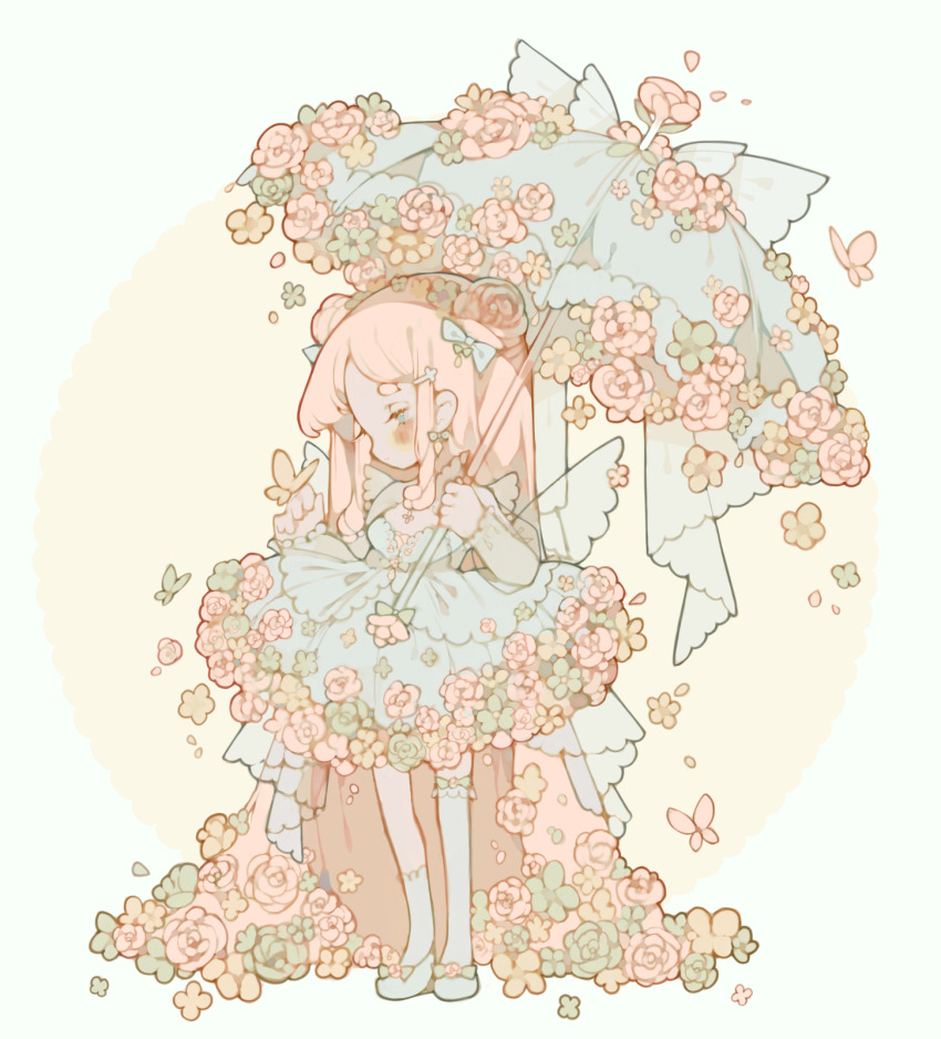 1girl absurdly_long_hair adoptable asymmetrical_legwear back_bow blue_bow blue_dress blue_eyes blue_footwear blue_socks blue_thighhighs blush blush_stickers bow bow_legwear bug butterfly butterfly_on_hand chibi circle closed_mouth collared_dress commentary cross_hair_ornament dress english_commentary eyelashes flower flower_button flower_dress flower_umbrella footwear_bow frilled_bow frills green_bow hair_bow hair_flower hair_ornament hairclip half-closed_eyes high_heels highres holding holding_umbrella insect layered_sleeves light_frown littlebluemuffin long_hair long_sleeves looking_at_animal original petals pink_flower pink_hair pink_rose puffy_long_sleeves puffy_sleeves pumps rose see-through_clothes see-through_sleeves short_dress short_over_long_sleeves short_sleeves single_sock single_thighhigh socks straight_hair thighhighs umbrella umbrella_flower very_long_hair white_background