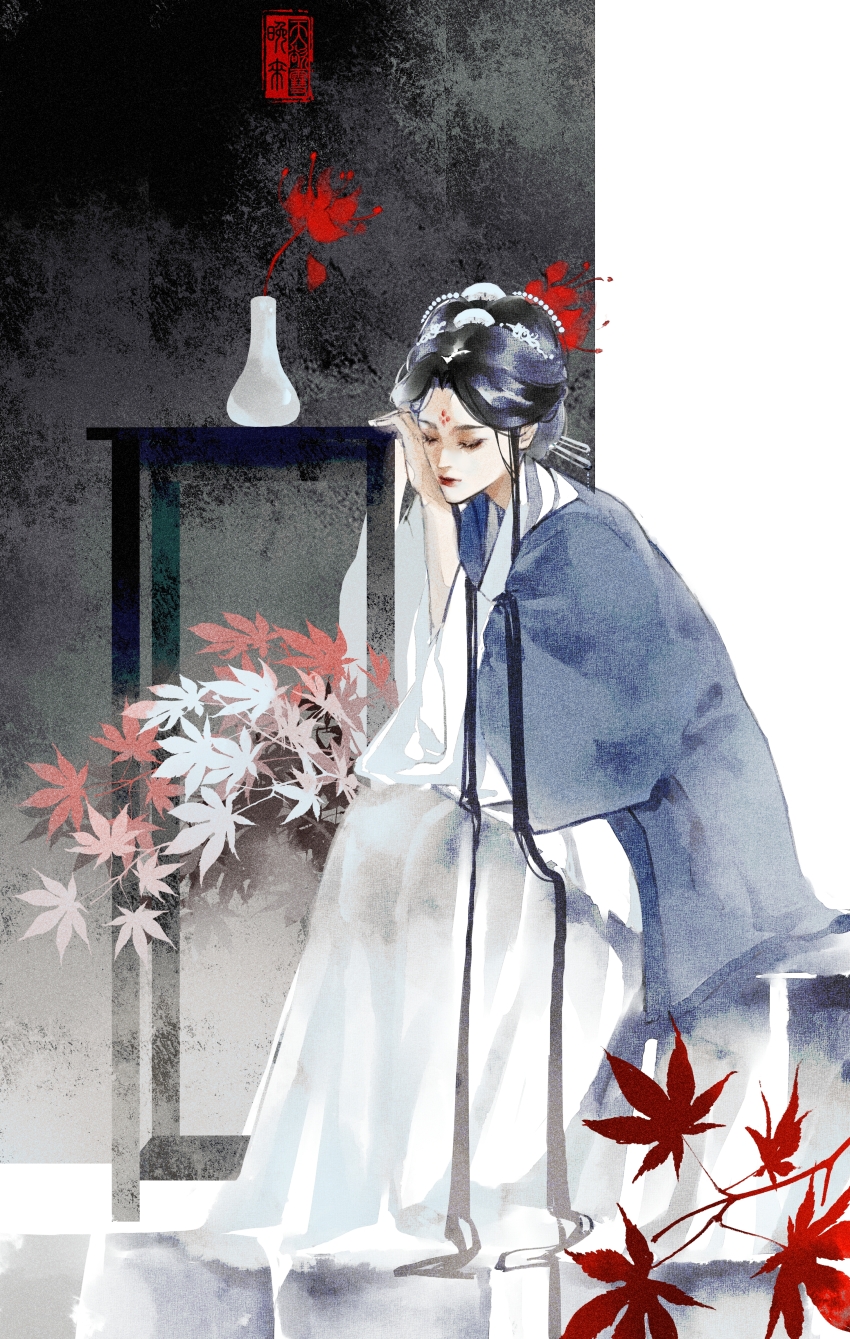 1girl absurdres black_hair blue_robe chinese_clothes chinese_commentary closed_eyes closed_mouth flower hair_bun hair_ornament hair_stick hand_on_table hanfu highres hua_xiangyi huadian leaf lipstick long_hair long_sleeves makeup qiang_jin_jiu red_flower red_lips robe sitting solo spider_lily spiderthread table vase very_long_hair white_hanfu wide_sleeves