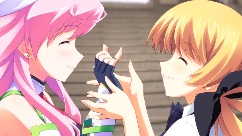 2girls bandeau bare_shoulders black_bandeau black_bow black_gloves black_ribbon blonde_hair blood_tune blurry blurry_background bow bowtie chaos;head chaos;head_love_chu_chu! closed_mouth collared_shirt costume detached_sleeves earrings facing_another fingerless_gloves fingernails from_side game_cg gift gloves hair_bow hair_ribbon happy hat holding_hands jewelry light_blush long_hair magical_girl matsuo_yukihiro multiple_girls necktie official_art orihara_kozue pink_hair pink_lips pinky_out plaid_bow plaid_bowtie plaid_clothes purple_bow purple_bowtie purple_shirt purple_trim red_necktie ribbon ring school_uniform seira_orgel shiny_lips shiny_skin shirt short_sleeves smile standing suimei_academy suimei_school_uniform suimei_summer_uniform twintails white_hat white_shirt