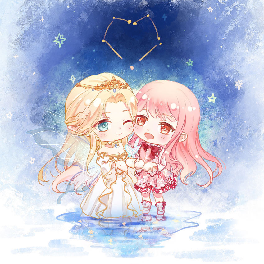 2girls ankle_socks aqua_eyes bare_shoulders blue_wings blunt_bangs bow bow_legwear bowtie braid breasts bright_pupils chibi chinese_commentary cleavage closed_mouth clothes_writing collarbone collared_shirt commentary_request confeitoo constellation couple detached_sleeves dot_nose dress dress_ribbon elf eyelashes fairy_wings frilled_shirt_collar frills gold_choker gold_tiara gown half_up_half_down_braid happy heads_together high_collar highres ice juliet_sleeves light_blush lipstick long_dress long_hair long_sleeves makeup mary_janes medium_dress multiple_girls night night_sky nikki_(nikki) nikki_(series) one_eye_closed open_mouth ophelia_(shining_nikki) orange_eyes outdoors parted_lips pinafore_dress pink_dress pink_hair pink_lips plaid_clothes plaid_dress pleated_dress pointy_ears puffy_sleeves red_bow red_bowtie red_ribbon reflection reflective_water ribbon shining_nikki shirt shoes sidelocks sky sleeveless sleeveless_dress smile socks standing star_(sky) starry_sky tiara very_long_hair wavy_hair white_dress white_pupils white_shirt white_shoes white_sleeves white_socks wide_sleeves wings winter yuri