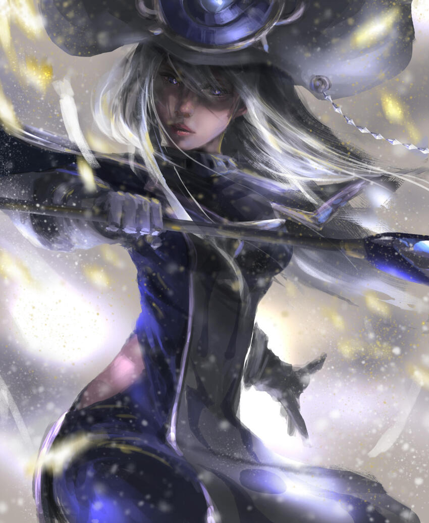 1girl absurdres blue_dress dress duel_monster gloves grey_hair hat highres hip_vent holding holding_staff joshua_raphael long_hair looking_at_viewer purple_eyes silent_magician staff tabard white_gloves white_hat white_tabard wizard_hat yu-gi-oh!