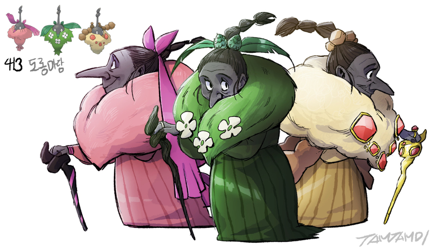3girls artist_name black_hair braid brown_dress colored_skin dress fur_scarf gen_4_pokemon green_dress green_scarf grey_skin korean_commentary long_nose looking_at_viewer multiple_girls nintendo old old_woman personification pink_dress pink_scarf pokemon reference_inset scarf signature simple_background staff tamtamdi translated white_background white_scarf wormadam wormadam_(plant) wormadam_(sandy) wormadam_(trash) wrinkled_skin