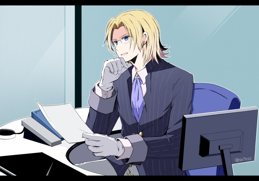 1boy ascot black_border blonde_hair blue_ascot blue_eyes border chair collared_shirt crisis_core_final_fantasy_vii desk final_fantasy final_fantasy_vii formal_clothes glasses gloves grey_pants holding holding_paper indoors lazard_deusericus letterboxed light_smile male_focus medium_hair monitor nanao_(zonzonsh) pants paper parted_bangs pinstripe_jacket pinstripe_pattern pinstripe_suit shirt solo suit white_gloves white_shirt