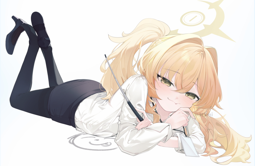 1girl black_pantyhose black_skirt blonde_hair blue_archive blush closed_mouth doodle_sensei_(blue_archive) full_body high_heels highres holding holding_pointer long_hair looking_at_viewer lying mimizuku_(mmiganaru) on_stomach pantyhose pointer professor_niyaniya_(blue_archive) professor_niyaniya_(teacher)_(blue_archive) sensei_(blue_archive) shoe_dangle skirt solo white_hair yellow_eyes
