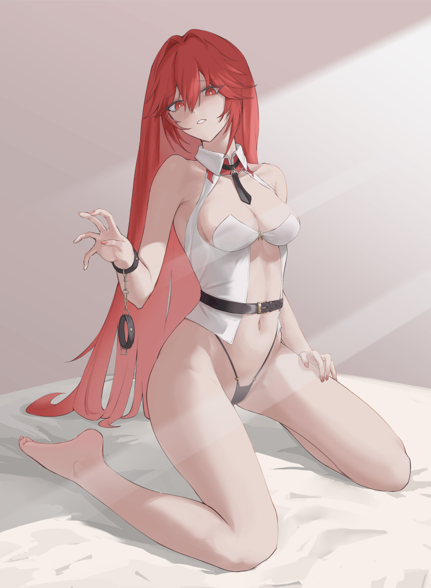 1girl absurdres bare_shoulders barefoot black_panties breasts cleavage fishmanblue full_body highres kneeling long_hair looking_at_viewer medium_breasts nail_polish navel original panties parted_lips red_eyes red_hair solo underwear very_long_hair