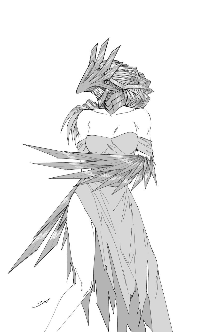 1girl absurdres arm_blade bare_shoulders chainsaw_man commentary dress greyscale highres long_hair monochrome mr_andres0n parody princess_(slay_the_princess) sharp_teeth side_slit signature slay_the_princess solo strapless strapless_dress teeth the_razor_(slay_the_princess) torn_clothes torn_dress weapon