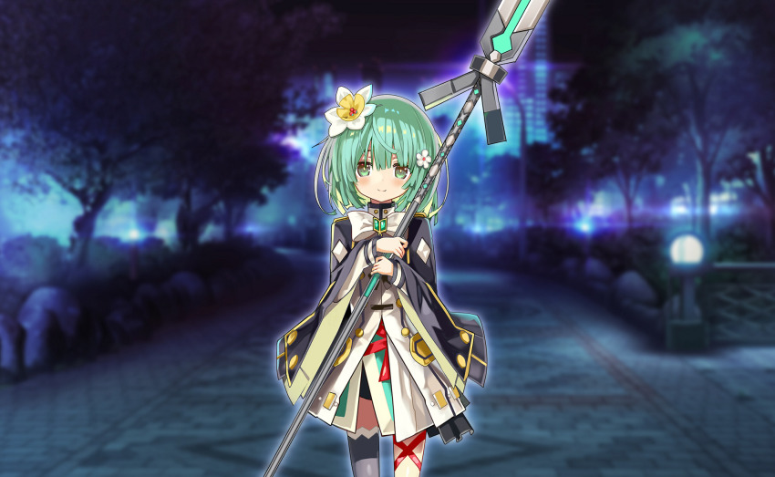 1girl artist_request black_jacket black_shorts blonde_hair blunt_bangs blunt_ends bow bowtie bridge city closed_mouth colored_inner_hair cowboy_shot dot_nose dress flower game_cg green_brooch green_eyes green_hair green_skirt grey_thighhighs hair_between_eyes hair_flower hair_ornament haori happy highres holding holding_polearm holding_weapon jacket japanese_clothes lamppost layered_sleeves leg_ribbon light_blush long_sleeves looking_at_viewer loose_hair_strand magia_record:_mahou_shoujo_madoka_magica_gaiden magical_girl mahou_shoujo_madoka_magica mahou_shoujo_madoka_magica_magia_exedra medium_hair multicolored_hair natsume_kako night night_sky official_art outdoors outline park path polearm red_ribbon ribbon road short_dress shorts shorts_under_skirt single_thighhigh skirt skirt_under_dress sky sleeves_past_wrists smile solo spear standing thighhighs tree waist_ribbon weapon white_bow white_bowtie white_dress white_flower white_outline wide_sleeves