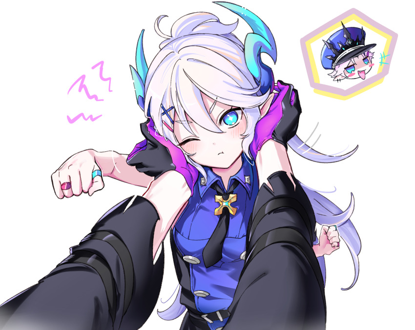 1boy 1girl :t abysser_(elsword) bare_arms bare_shoulders black_gloves blue_eyes blue_shirt buttons ciel_(elsword) clenched_hand closed_mouth collared_shirt demon_horns double-breasted elsword gloves hair_ornament highres horns jewelry long_hair looking_at_viewer luciela_r._sourcream necktie one_eye_closed pointy_ears ponytail pout pov pov_hands punching ring shirt short_necktie sleeveless sleeveless_shirt solo_focus sparkling_eyes tanjel thick_eyebrows timoria_(elsword) upper_body v-shaped_eyebrows very_long_hair white_hair x_hair_ornament