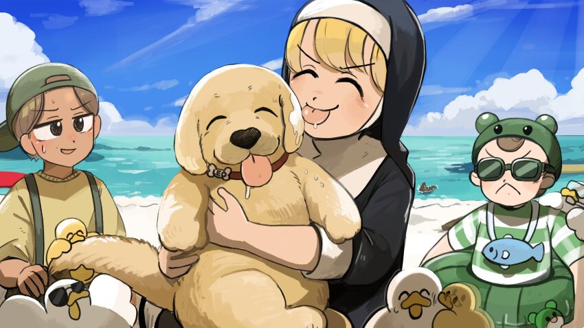 1boy 2girls :&lt; backwards_hat beach bird blonde_hair brown_hair chicken clumsy_nun_(diva) commentary diva_(hyxpk) dog duck duckling english_commentary froggy_nun_(diva) golden_retriever green_hat green_innertube green_one-piece_swimsuit habit hat highres horizontal-striped_swimwear licking little_nuns_(diva) multiple_girls nun ocean old-fashioned_swimsuit one-piece_swimsuit shirt slice_of_life striped_clothes striped_one-piece_swimsuit swimsuit tongue tongue_out traditional_nun yellow_shirt
