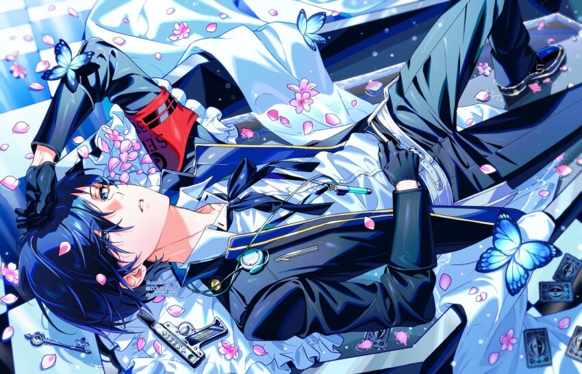 1boy blue_hair bug butterfly card digital_media_player digital_walkman earphones_removed evoker gekkoukan_high_school_uniform headphones insect male_focus on_floor persona persona_3 persona_3_reload s.e.e.s school_uniform tomyher0 yuuki_makoto_(persona_3)