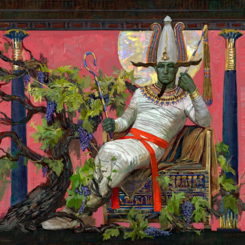 ancient_egyptian ancient_egyptian_clothes ancient_egyptian_hat bandages beard bracelet colored_skin dual_wielding egyptian_mythology facial_hair food fruit goldeldarka grapes green_skin hat highres holding holding_scepter jewelry osiris_(mythology) scepter sitting white_hat