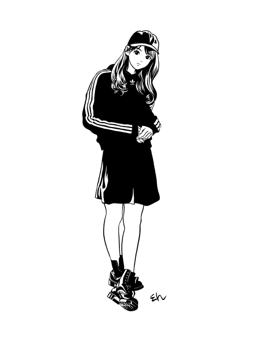 1girl adidas boots closed_mouth eguchi_hisashi full_body greyscale hat highres hood hooded_jacket jacket long_hair long_sleeves looking_at_viewer monochrome original own_hands_together shorts signature simple_background solo standing white_background