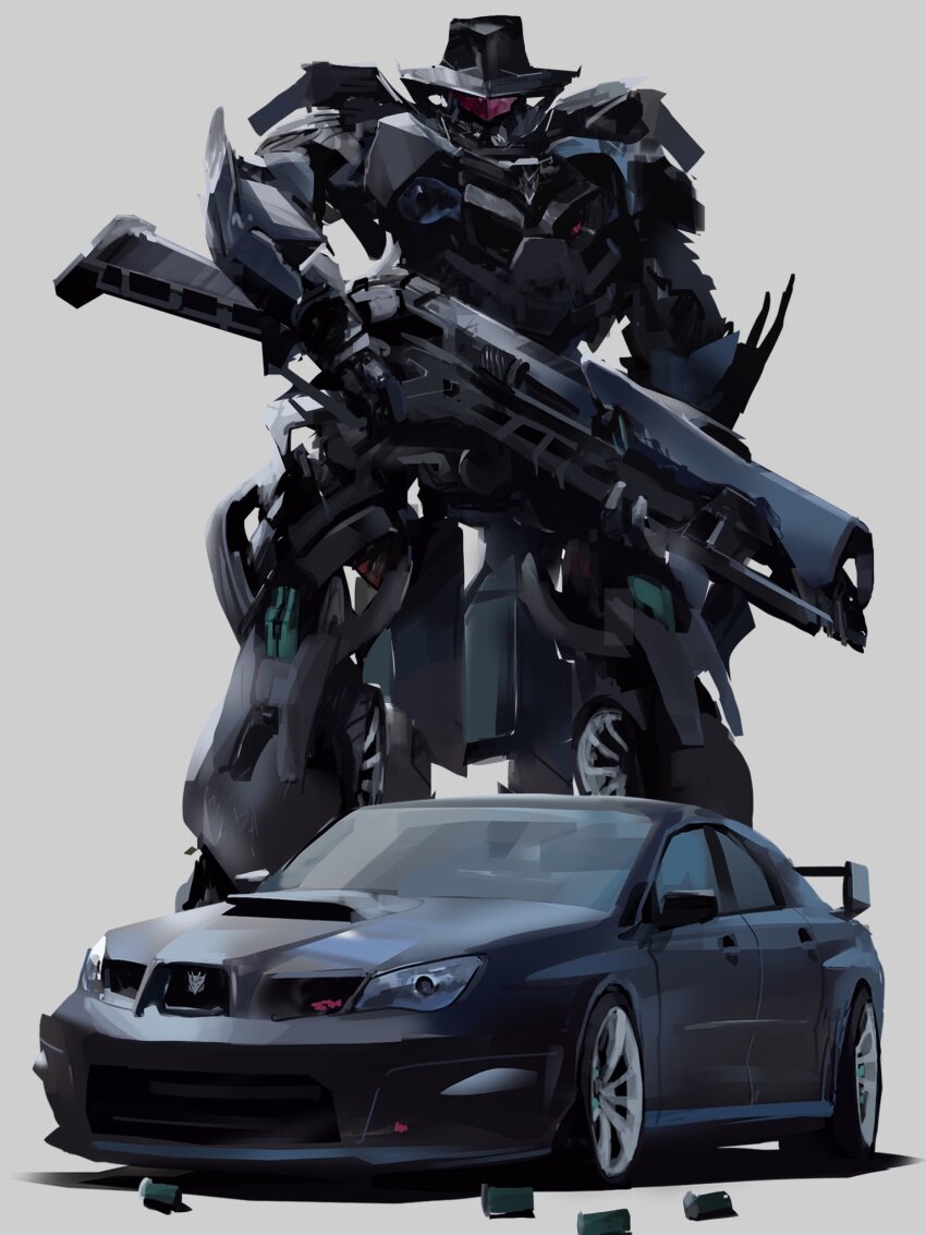 assault_visor black_car car decepticon gun highres holding holding_gun holding_weapon mecha motor_vehicle no_humans original rintaro_komori robot science_fiction shotgun_shell simple_background spoiler_(automobile) standing subaru_impreza subaru_wrx transformers vehicle_focus weapon white_background