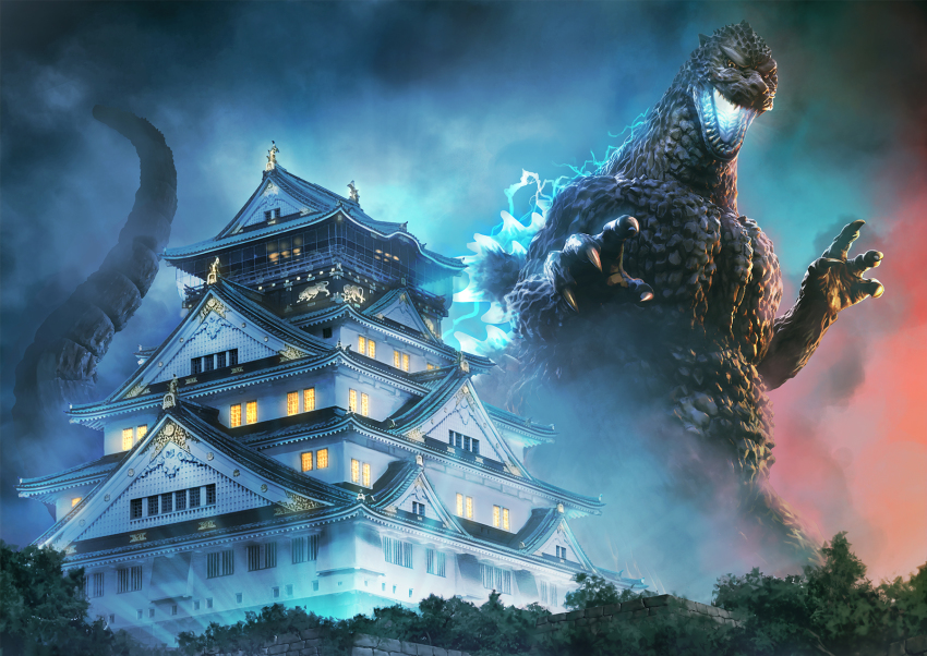 building castle dinosaur electricity energy epic glowing glowing_mouth glowing_spikes godzilla godzilla_(series) godzilla_vs._king_ghidorah hanekura_bou highres kaiju nature night official_art pagoda realistic spikes tail toho tree
