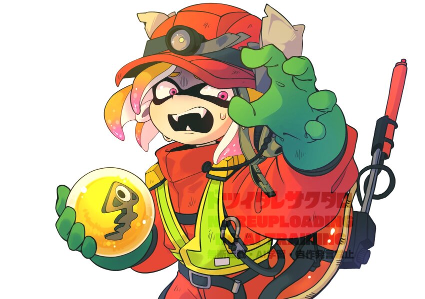 1boy 39_uxue belt commentary_request constricted_pupils gloves golden_egg_(splatoon) green_gloves highres inkling inkling_boy inkling_player_character jumpsuit looking_at_viewer male_focus medium_hair mining_helmet nintendo open_mouth orange_jumpsuit pink_eyes rubber_gloves salmon_run_(splatoon) simple_background solo splatoon_(series) splatoon_3 standing sweat teeth tentacle_hair watermark white_background