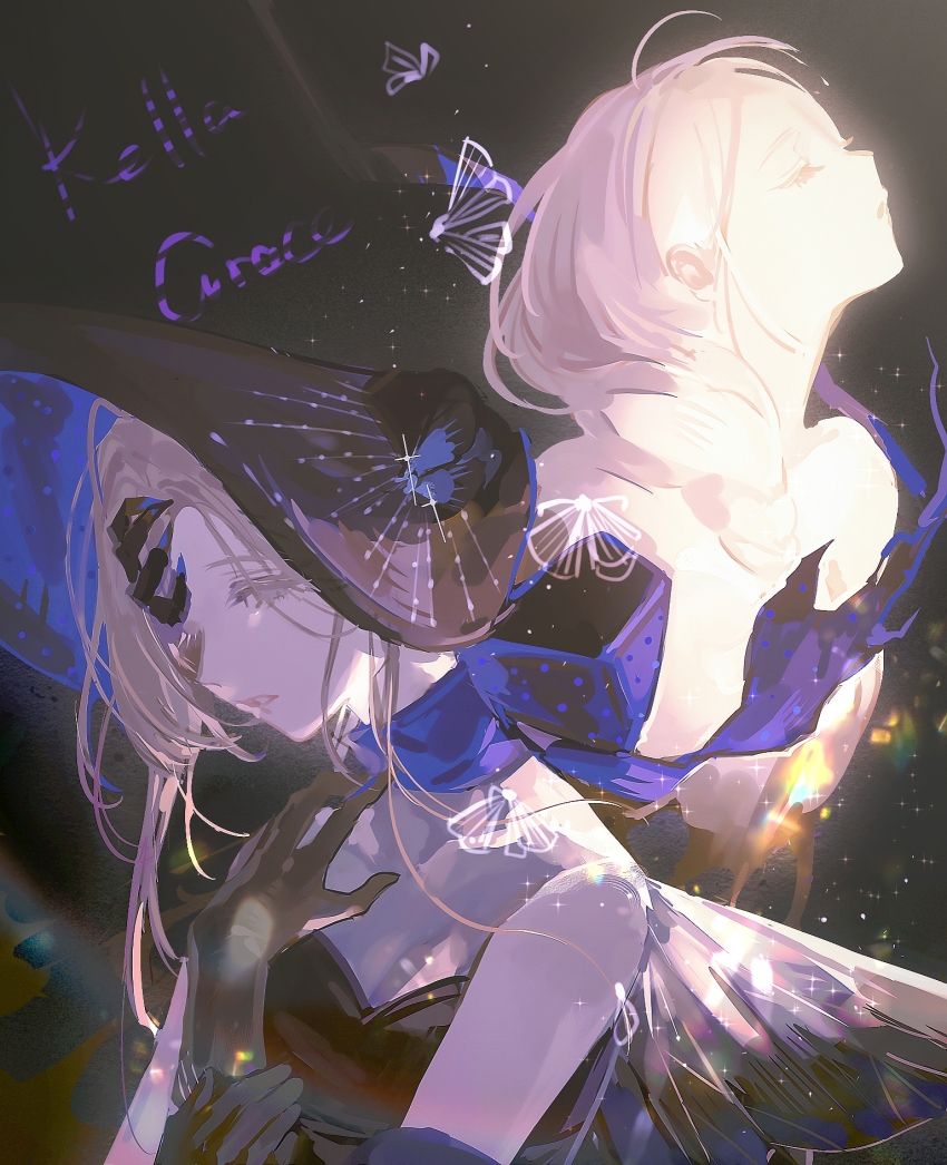 black_background black_dress black_gloves black_hat blue_bow blue_bowtie bonnet bow bowtie character_name dress gloves grey_hair hand_up hat highres kayla_(reverse:1999) komeokun light_particles long_braid long_hair ms._grace_(reverse:1999) parted_lips profile reverse:1999 strapless strapless_dress typo