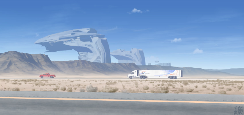 artist_name blue_sky box_truck building cloud commentary_request desert harbor highres motor_vehicle no_humans ogata_tank original pickup_truck road scenery science_fiction semi_truck sky trailer truck united_states watermark