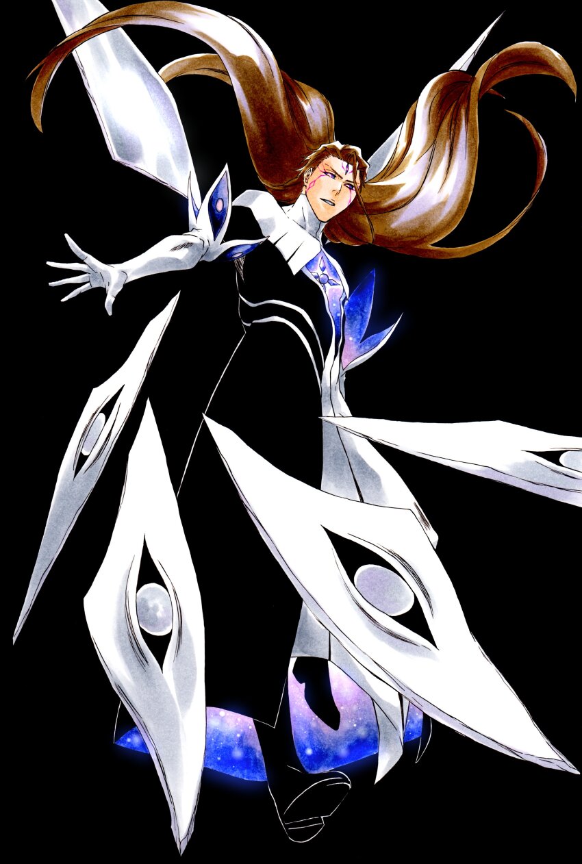 1boy absurdres aizen_sousuke alternate_form black_background black_footwear black_sclera bleach bleach:_brave_souls brown_hair colored_sclera detached_arm detached_wings elbow_gloves extra_eyes facial_mark floating floating_hair gloves high_collar highres ken&#039;ichi_(ken1ro_u) long_hair looking_at_viewer looking_down male_focus mullet multicolored_eyes parted_lips purple_sclera wings