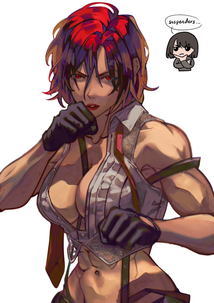 1girl abs bare_shoulders belt black_gloves boxing breasts cleavage crop_top cropped_shirt gloves highres large_breasts leather lipstick looking_at_viewer makeup mature_female midriff muscular muscular_female navel necktie obliques pants pinstripe_pants pinstripe_pattern red_eyes red_hair red_necktie shirt short_hair simple_background sleeveless snk solo square-end_necktie striped_clothes striped_pants suspenders syachiiro the_king_of_fighters the_king_of_fighters_xiv tie_clip vanessa_(kof) vertical-striped_clothes vertical-striped_pants