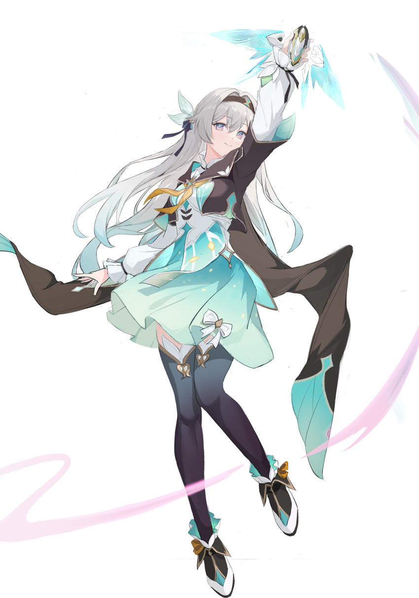 1girl absurdres arm_up black_hairband black_thighhighs breasts chinese_commentary closed_mouth commentary_request dress fengshengruyu firefly_(honkai:_star_rail) full_body green_dress grey_hair hair_intakes hairband highres holding honkai:_star_rail honkai_(series) long_hair long_sleeves neckerchief simple_background small_breasts smile solo standing thighhighs white_background yellow_neckerchief