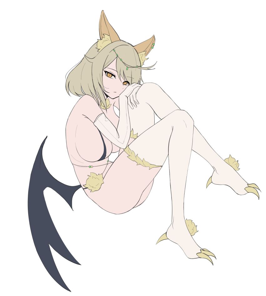 1girl absurdres animal_ear_fluff animal_ears ass bare_shoulders bat_ears bat_wings bikini black_bikini blonde_hair breasts cleavage closed_mouth commission elbow_gloves expressionless gloves highres large_breasts legs_up looking_at_viewer low_wings medium_hair orange_eyes original sideboob simple_background solo string_bikini swimsuit talons thighhighs white_background white_gloves white_thighhighs wings ysoa ysoa26