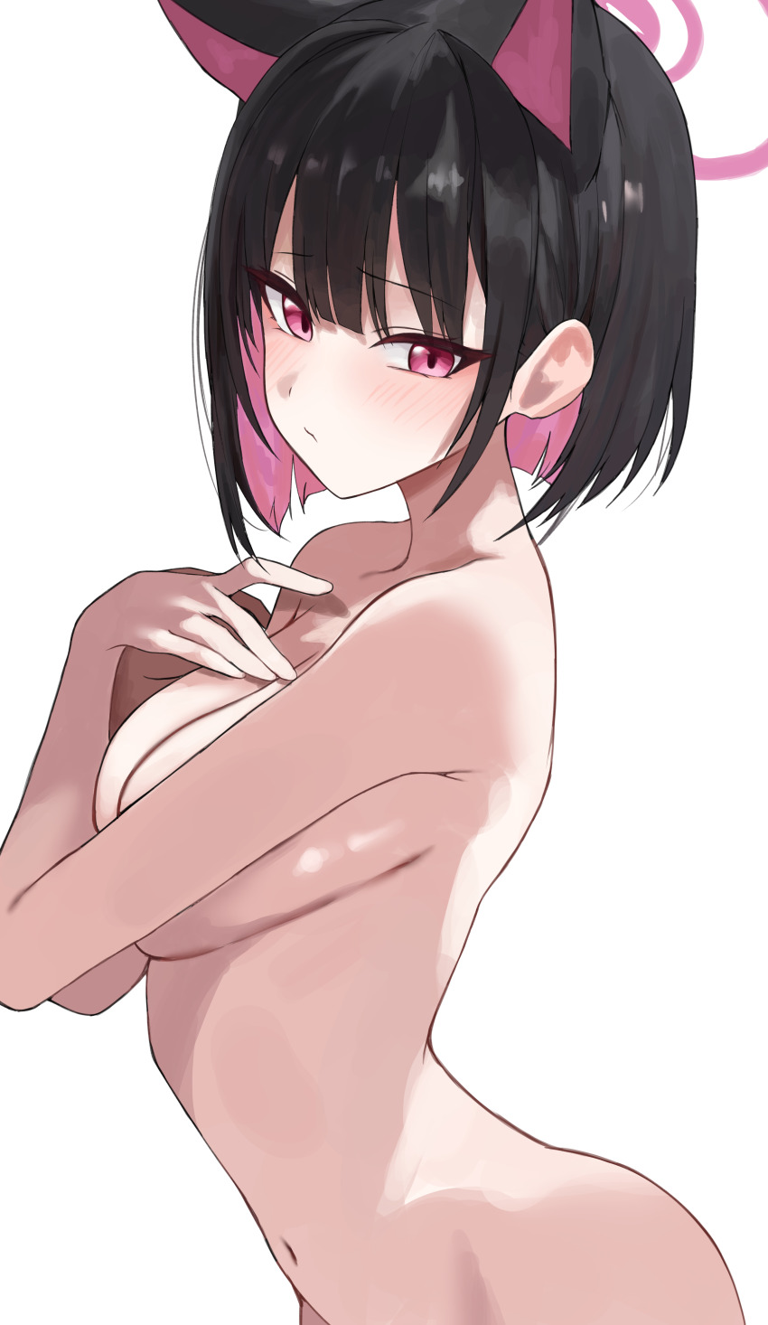 1girl absurdres animal_ears armpit_crease black_hair blue_archive blush breasts cat_ears center-flap_bangs choppy_bangs closed_mouth colored_inner_hair commentary covering_breasts covering_privates extra_ears from_side halo highres kazusa_(blue_archive) looking_at_viewer multicolored_hair navel nude pink_hair pink_halo pout short_hair sideboob simple_background solo stomach timit two-tone_hair upper_body white_background
