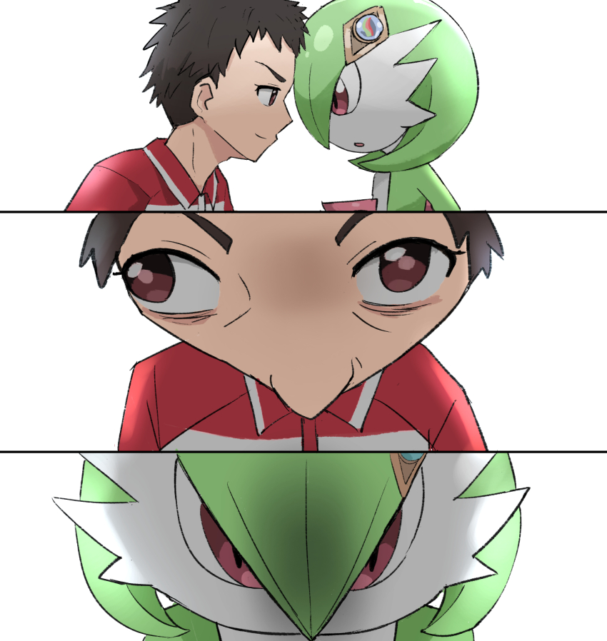 1boy 1girl :o bob_cut brown_eyes close-up face-to-face gardevoir gen_3_pokemon green_hair highres looking_at_another nintendo perspective pink_eyes pokemon pokemon_(anime) pokemon_(creature) pokephilia poketoon short_hair shorts simple_background smile tentenchan4545 white_background yuugo_(pokemon)