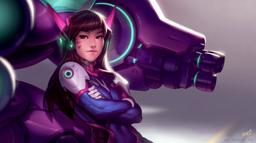 1girl artist_name backlighting bodysuit breasts brown_eyes brown_hair crossed_arms d.va_(overwatch) facial_mark female_focus gloves grey_background headphones highres kienan_lafferty leaning_on_object light_smile lips long_hair looking_at_viewer md5_mismatch mecha mecha_pilot_suit meka_(overwatch) nose overwatch overwatch_1 revision robot signature small_breasts smug solo swept_bangs upper_body watermark web_address whisker_markings white_gloves
