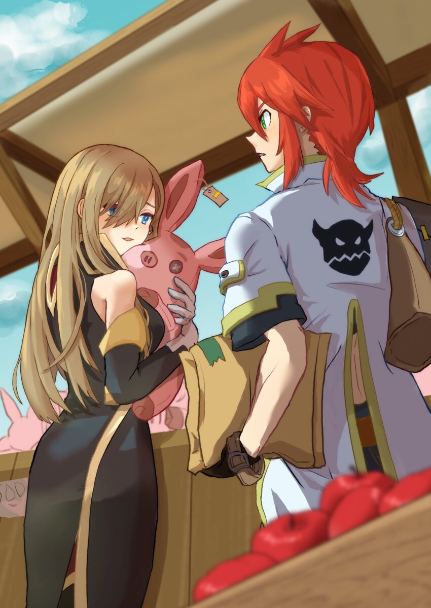 1boy 1girl apple bag bare_shoulders blue_eyes blue_sky brown_dress brown_gloves brown_hair brown_sleeves cloud cloudy_sky commentary_request detached_sleeves dress feet_out_of_frame food from_behind fruit gloves green_eyes hair_between_eyes highres holding holding_bag hugging_doll hugging_object jacket komegura long_hair looking_at_another luke_fon_fabre outdoors parted_lips pig red_hair shop shopping shopping_bag short_hair short_sleeves sky sleeveless sleeveless_dress standing stuffed_animal stuffed_toy tales_of_(series) tales_of_the_abyss tear_grants white_gloves white_jacket